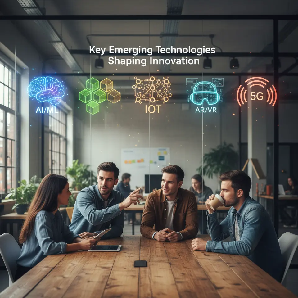 Key Emerging Technologies Shaping Innovation – a vibrant infographic displaying five distinct tech icons: a glowing neural-network brain for AI/ML, interlocking transparent blocks for blockchain, a mesh of miniature sensors and devices for IoT, a semi-transparent headset overlaying digital graphics for AR/VR, and radiating signal waves labeled 5G