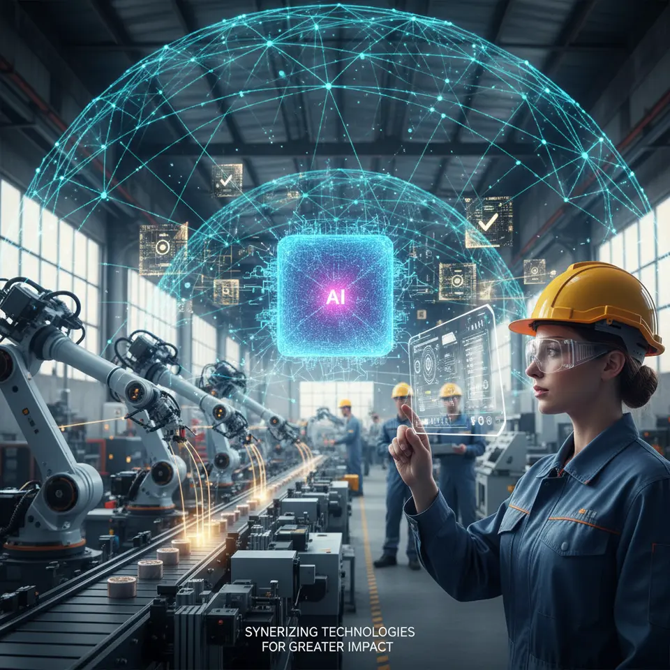Synergizing Technologies for Greater Impact – a dynamic industrial scene: a smart factory floor where IoT sensors on robotic arms feed real-time data into a central AI core (glowing neural network), blockchain ledger blocks hover in midair validating each transaction, an AR-equipped technician sees live digital overlays on machinery, all wrapped together by luminous 5G connectivity beams